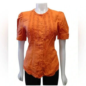 AK Anne Klein 100% Linen Ruffled Puff  Shoulders Button Down Top Size 8